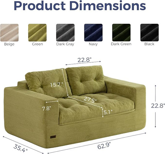 MAXYOYO 63" Loveseat Sofa Couch for Small Spaces, Upholstered Boneless Cloud Couch for Apartment Bedroom, 2-Seater Love Seat Floor Modern Sofa with Pillows, No Assembly Required, Green