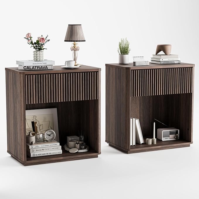 Modern Fluted Nightstand Set of 2 for Bedroom, Mid Century Bedside Table with Drawer & Open Shelf, Wood End Table, Farmhouse Night Stand for Home, Hallway, Office, Walnut