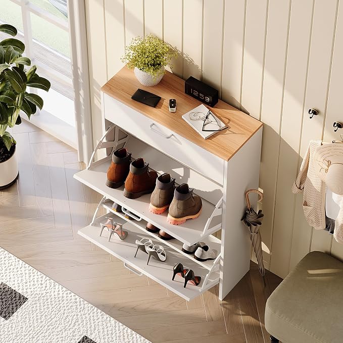 VINGLI Set of 2 Shoe Cabinet Storage for Entryway, Ultra Slim Shoe Organizer with 2 Flip & 1 Drop-Down Drawers, 2-Pack Narrow Shoe Cabinet 24.8" W for Front Door, Freestanding Modern White Shoes Rack