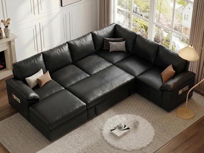 108 Inch Faux Leather Modular Sectional Sofa with Pull Out Bed,U Shaped 7 Seat Sectional Sleeper Sofa with Storage,Sectional Couches for Living Room,Cloud Modular Couch,Black Leather