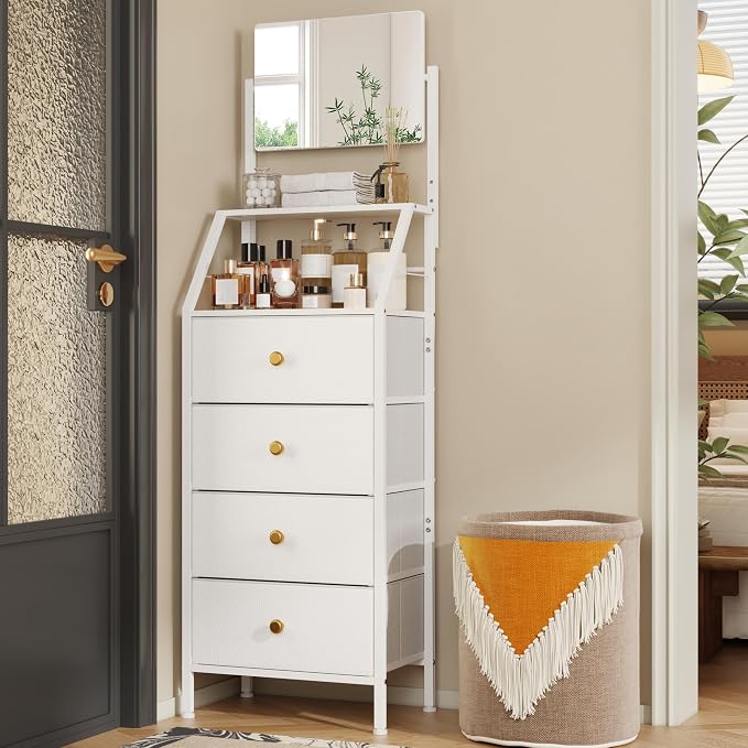 HIGDBFE 4-Drawer Dresser with Mirror, Vanity with 2-Tier Shelves, Fabric Chest of Drawers for Small Space, Vertical Storage Cabinet for Bedroom, Nightstand Bedside Table Furniture, White, 15.3" W