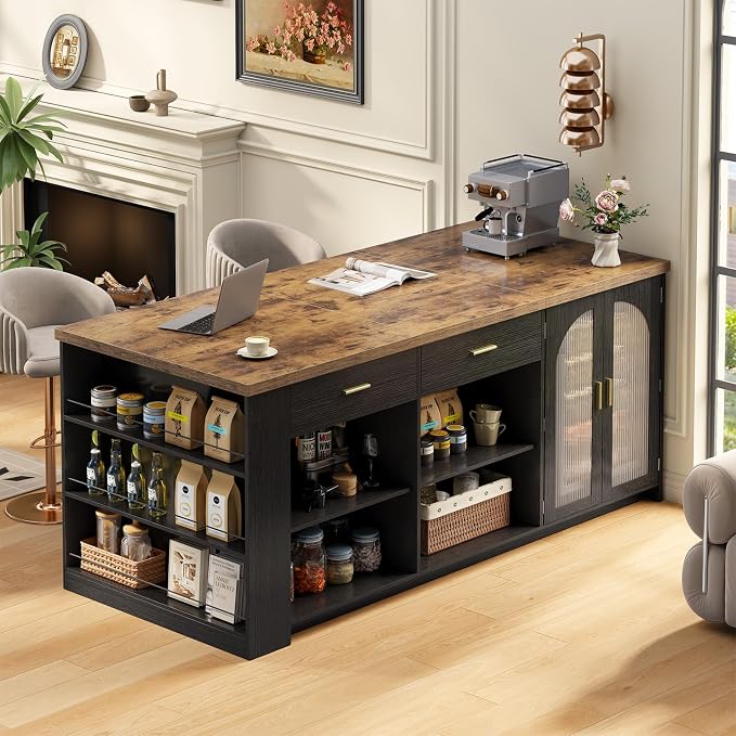 IBF 71" Large Kitchen Island with Storage, Rustic Wood Island Table with Seating for 4-6, Stationary Island Cabinet with Drawers, Fridge Space, Modern Counter Height Island Bar, Rustic Brown and Black
