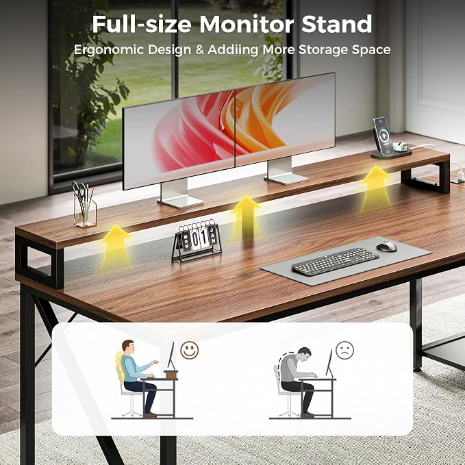 AODK L Shaped Desk with Wooden Drawers & Locking File Cabinet, 61 Inch Large Executive Desk with Power Outlet, Led Computer Desk with Storage, Corner Office desk with Monitor Stand & CPU Stand, Walnut