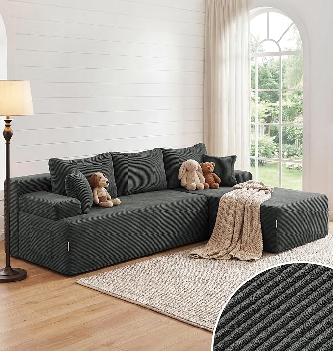 Hobestluk Modular Sectional Sofa Couches L-Shape Couch 3 Seat Modular Sofa Memory Foam Sectional Couches for Living Room, Cloud Couch with Oversized Chaise (Grey Corduroy, 96", Right Hand Facing)