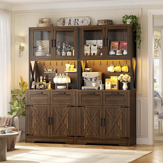 Unikito 71" Tall Kitchen Pantry Storage Cabinet with LED Light & Outlet, 63" Wide Kitchen Hutch Cabinet with Large Countertop, DIY Pegboard and Drawers, Food Pantry for Living Room,Weathered Brown