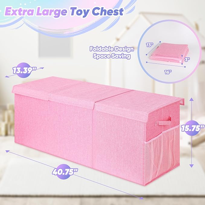 Mabahoo Extra Large Toy Box, Toybox for Kids Boys Girls, Collapsible Sturdy Toy Storage Organizer with Mesh Pockets, 40"x14"x16" Kids Storage Boxes Bins Baskets for Nursery, Playroom, Pink