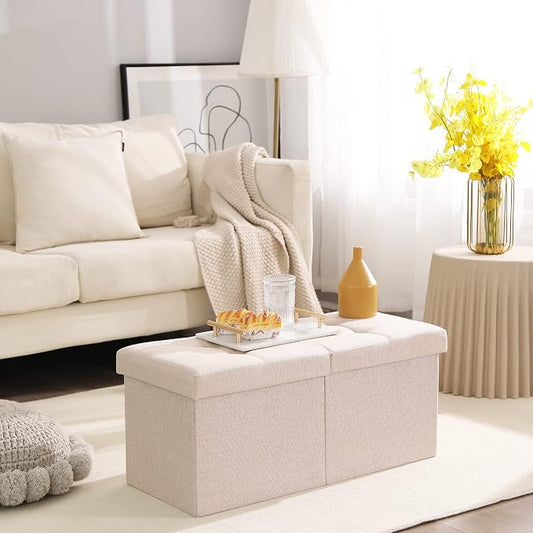 Storage Ottoman Bench Foldable Seat Footrest End of Bed Ottoman with Flipping Lid for Living Room, 75L, 30 inches Linen Fabric Beige