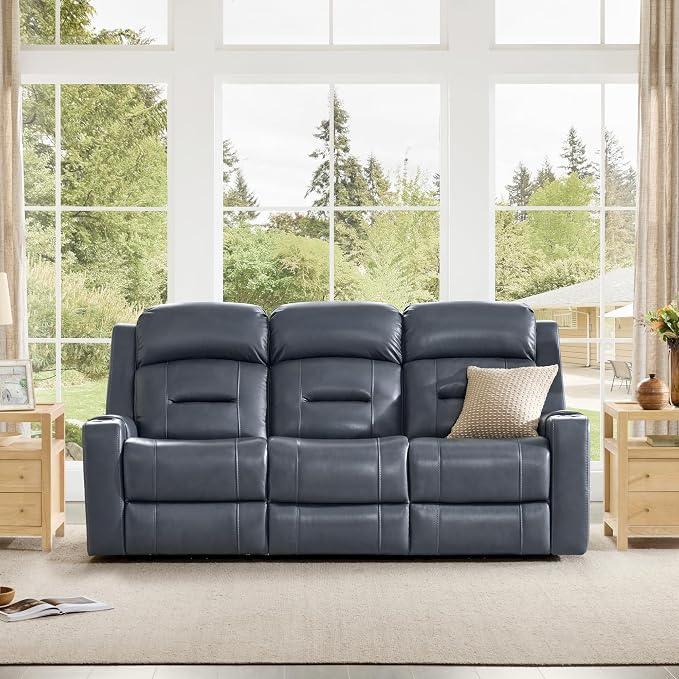 Watson & Whitely Genuine Leather Power Reclining Sofa, 3-Seater Lay Flat Recliner Sofa with Power Headrest, Cup Holders, USB & Type-C Ports, Electric Reclining Couch for Living Room, Navy Blue