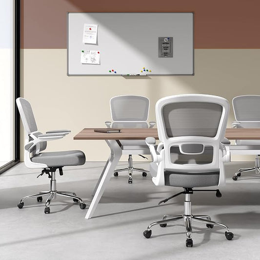 Logicfox Ergonomic Office Chair, Comfortable Office Chair with Flip-up Arms, Adaptive Lumbar Support, Mesh Computer Chair with Thick Cushion, White Desk Chair with 90°-130° Tilt Function