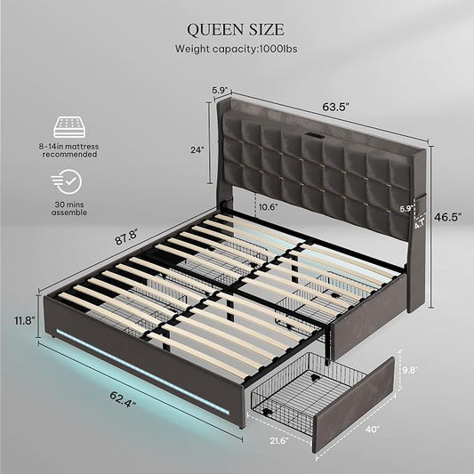 YITAHOME Queen Size Bed Frame with 4 Drawers and RGB LED Lights, Velvet Upholstered Platform Bed with Charging Station and Storage Headboard, No Box Spring Needed, Easy Assembly, Noise-Free, Dark Grey