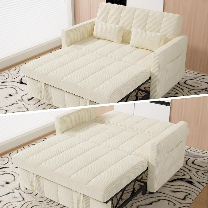 Nebuaegis Sleeper Sofa Bed,3-in-1 Convertible Pull Out Couch with Adjustable Backrest for Living Room,Loveseat Sofa Bed with Side Pockets,Easy Assembly,Beige,1 PCS