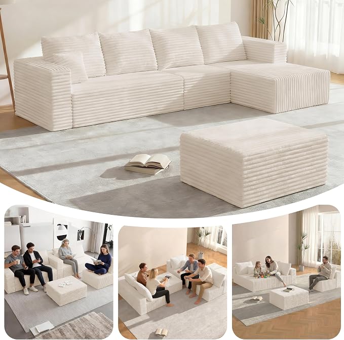 BSHOMGI 92.5'' U-Shaped Boneless Couches, Comfy Corduroy 3 Seaters Sofas with Ottoman, Modern High Back Sectional Sofa for Living Room with Oversized Chaise Deep Seat Sofa, No Assembly Needed