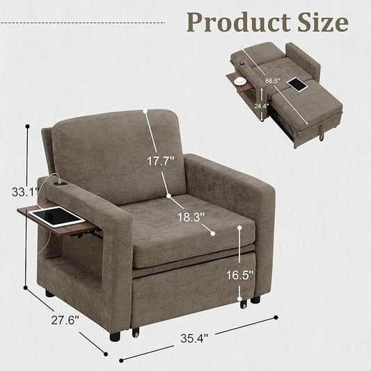 3 in 1 Folding Convertible Sleeper Sofa Bed Pull Out Couch with Side Pockets USB Port Side Table Single Sofa Bed with Adjustable Backrest for Living Room Bedroom 66" Darkbrown 1 SEAT