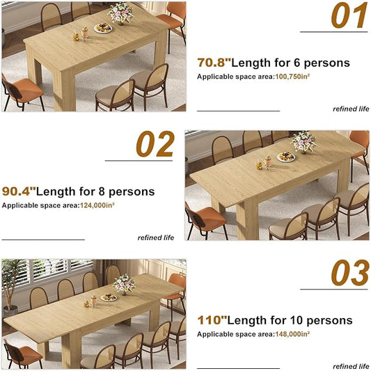 70.8"-110" Extendable Dining Table for 6-10 Person, Wooden Dining Room Table, Modern Extendable Table for Gatherings, Meeting for Small Kitchens, Dining Office Areas(Natural)