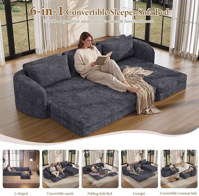 Vesgantti 110.2" Boneless Sectional Couch with Curved Armrest, 6 in 1 Convertible Folding Sleeper Sofa Bed, Chenille Modular Sofa for Living Room, No Assembly Required, Blue, Right Facing Chaise
