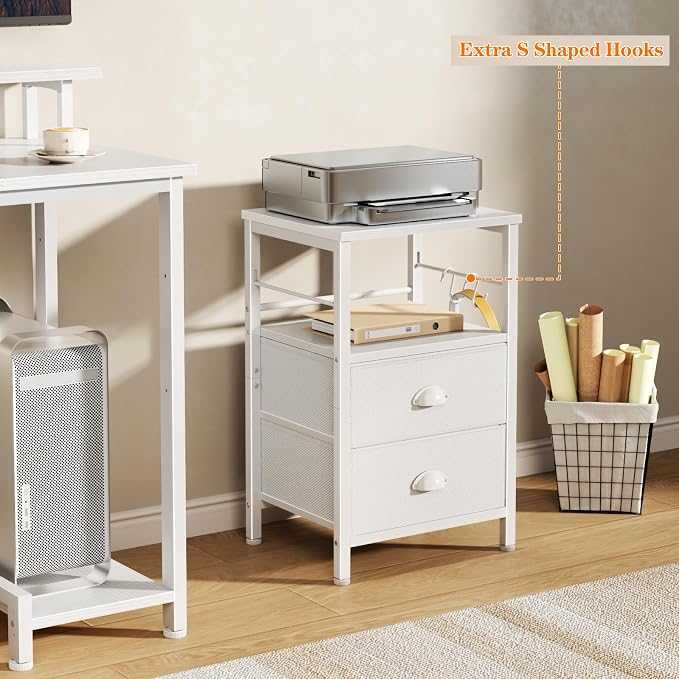 Furologee Nightstand Bedside Table with 2 Fabric Drawers, White Side Table with 2-Tier Shelf, Night Stand with Hooks, for Bedroom, Living Room, Backboard Design, Wooden Top, Metal Frame, White