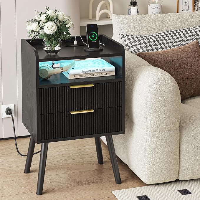 Fixwal Black Fluted Nightstand with Charging Station, LED Night Stand with 2 Wood Drawers for Bedroom, Modern Bedside Table, 15.7 x 11.8 x 25.6in