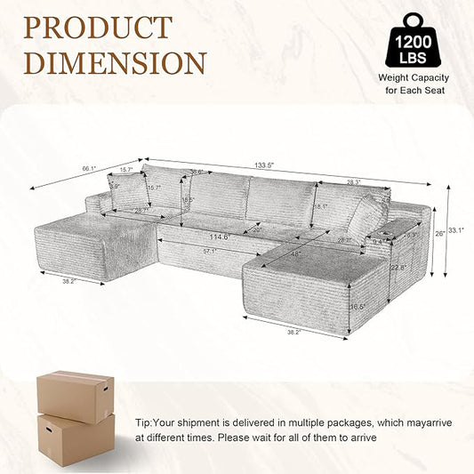 134 Inch Modular Sectional Sleeper Sofa, Boneless Cloud Couch for Living Room, U Shaped 5 Seat Sofa with 2 Storage Pockets& 2 Cup Holders, Free Combination, No Assembly Required (Light Grey)