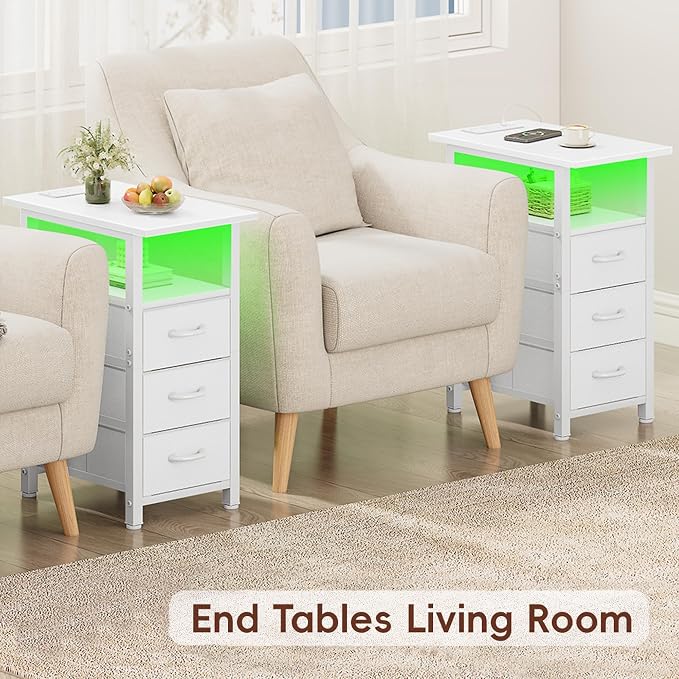 Vagusicc White Nightstand with Charging Station and LED Lights, Narrow End Table, LED Nightstand with 3 Fabric Drawers for Bedroom, Small Bedside Table, Narrow Side Table for Small Spaces, White