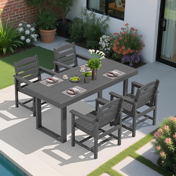 SERWALL HDPE Outdoor Dining Set for 4, 67'' Patio Table and Chairs Set | with Armchair Seat