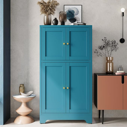 43" H Blue Small Kitchen Pantry Cabinet,Metal White Pantry Cabinets with Doors,Small Storage Cabinets,Food Pantry Cabinet with 4 Doors and Shelves for Kitchen and Dining Room
