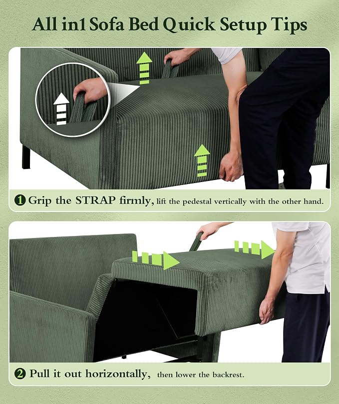 Welzona 47.2" Convertible Sofa Bed Couch, Comfy Corduroy Loveseat Sleeper Sofa, 620lbs Capacity Couch Bed, Easy Setup Love Seat Sleeper Bed 2 Pillows, Small Couches for Living Room/Office, Olive Green