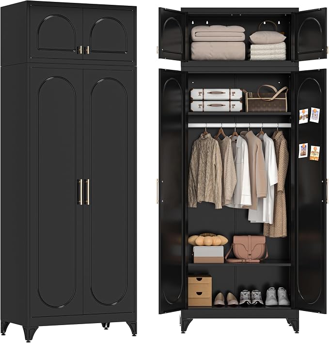 86" Metal Wardrobe Cabinets,Black Armoire Wardrobe Closet with Hanging Rod,Clothes Storage Cabinet with Adjustable Shelves and Doors,Clothing Cabinet for Bedroom, Office, Laundry Room