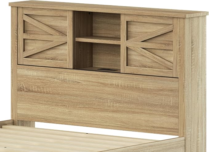 Farmhouse 3-Pieces Bedroom Sets, Queen Size Platform Bed with a Nightstand and 6-Drawer Storage, Wood Platform Bed with Double Sliding Door Storage Headboard and Charging Station (Queen)