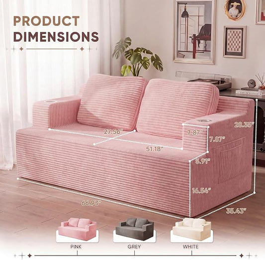 Homall 67” Cloud Couch Sofa 2 Seater Comfy Upholstered Loveseat Floor Sofa with High Density Memory Foam, No Assembly Required, Boneless Couch for Bedroom Living Room (Pink, Loveseat)