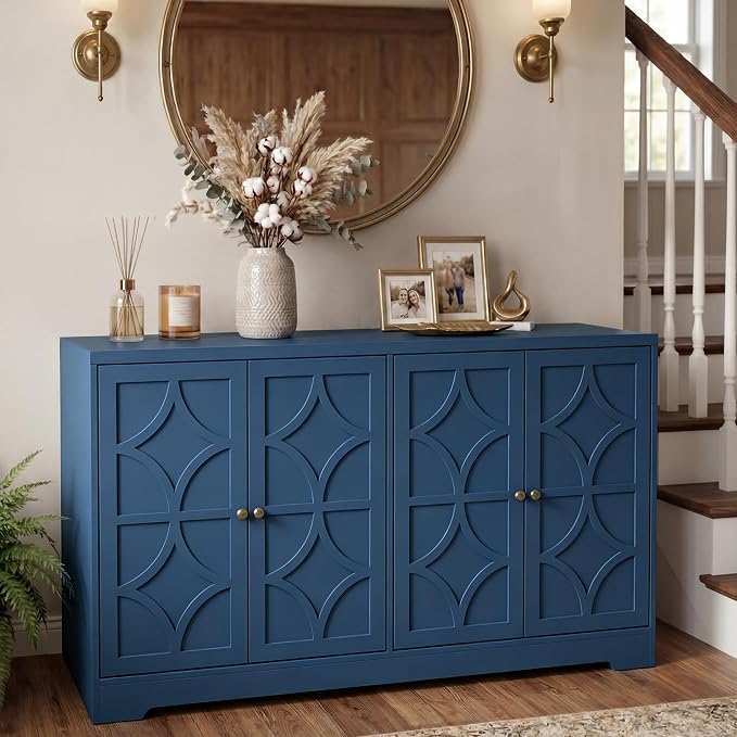 RoyalCraft 112'' Sideboard Buffet Cabinet with Storage, Modern Sideboard with 4 Carved Doors and Adjustable Shelves, Large Wood Coffee Bar Console Table for Kitchen, Dining Room, Blue