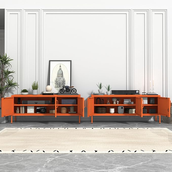 3 Door TV Standwith Storage Locke Metal TV Cabinet with 2-Tier Multi-Purpose Lockable Wide Storage Cabinet, Media Console Table with Metal Legs for Living Room, Bedroom,Office,Orange
