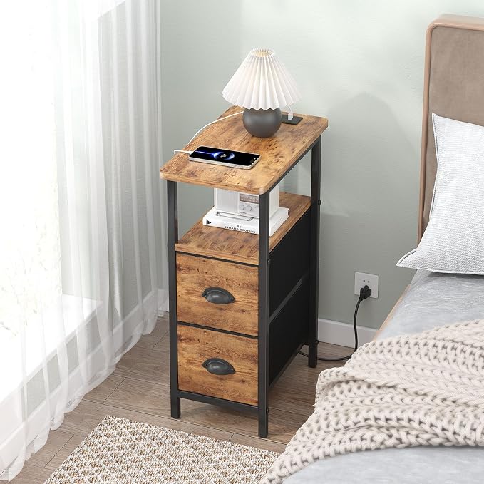 sthmec Narrow End Table with Charging Station, Narrow Side Table with 2 Fabric Drawers, Slim Nightstand, Skinny Bedside Table, Small Side Table for Small Spaces, Living Room, Bedroom, Rustic Brown