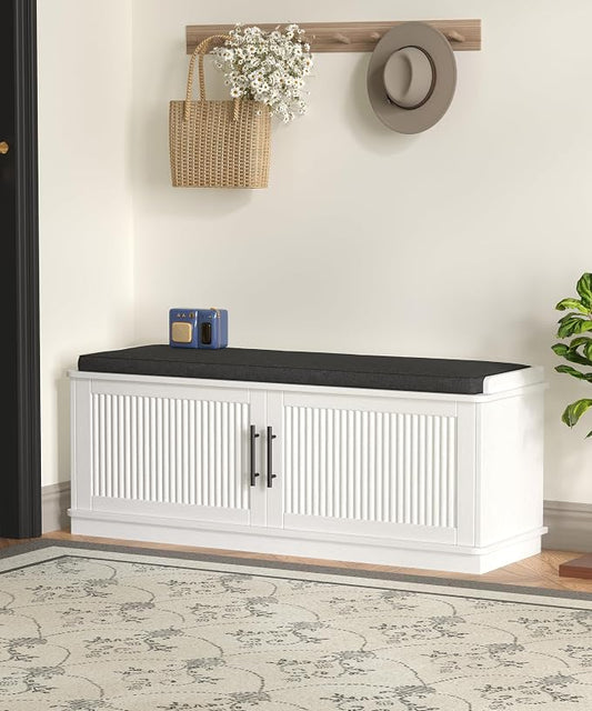 Akxomel Fluted Shoe Storage Bench with Cushion, 39.4" Entryway Bench with Adjustable Shelves and 2 Doors, Shoe Cabinet Bench with Curved Profile, for Hallway, Living Room, Bedroom, White