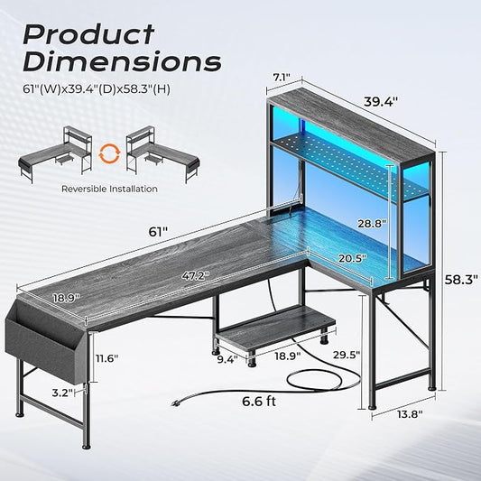 PRAISUN L Shaped Gaming Desk with LED Lights & Power Outlets, Reversible Computer Desk with Storage Shelves & Bag, Large Corner Home Office Desk with Pegboard for Work from Home, Grey
