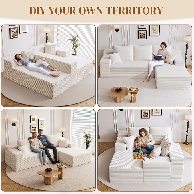 108" L Shaped Boneless Sectional Couches for Living Room, Comfy Corduroy Floor Cloud Sofa with Chaise, Wide Armrest, Deep Seat, Memory Foam, Assembly Free, Ideal for Small Spaces, White