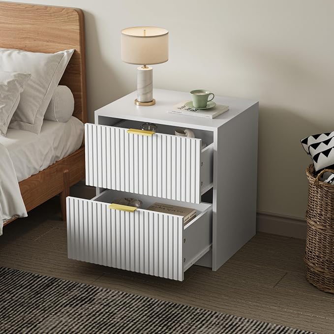 MAISONARIA 3-Piece Dresser Bedroom Set, 9 Drawer Dresser & 2 Drawer Nightstands with Gold Handles, Fluted Wood Chest of Drawers for Bedroom, Living Room, Entryway, White