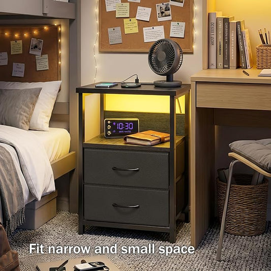 Fixwal Night Stand with Charging Station (2 AC Outlets & 2 U-S-B Ports) LED Nightstand Small Dorm Room Furniture, 2 Fabric Storage Drawers, Bedside Table End Tables Bedroom, Modern Black