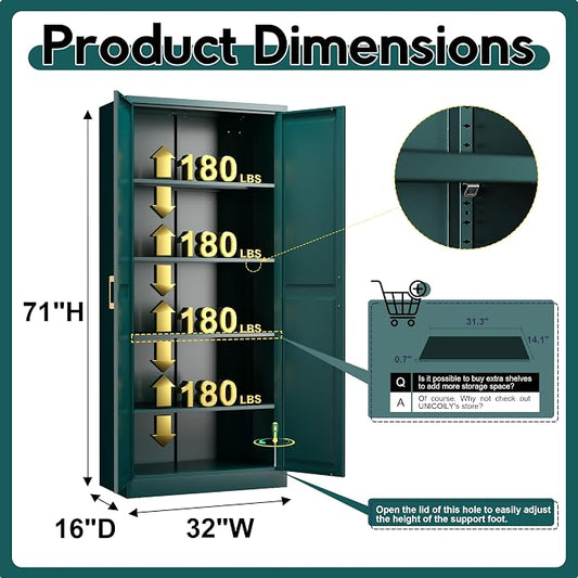 UNICOLY 71" Storage Cabinet, Metal Pantry Cabinet, Kitchen Pantry Storage Cabinets with Doors and 4 Shelves, Cabinets for Laundry Room, Living Room, Dinning Room, Assembly Required, Green