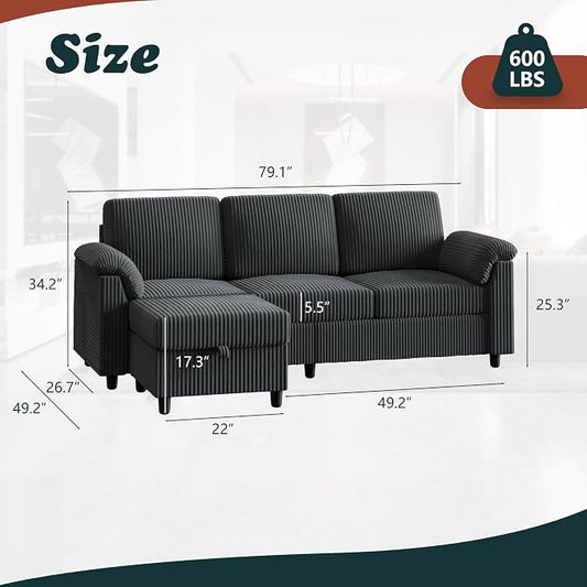 Vongrasig 79" Convertible Sectional Sofa Couch, 3 Seat L Shaped Sofa with Ottoman Corduroy Fabric Small Couch Mid Century for Living Room, Apartment and Office (Gray)