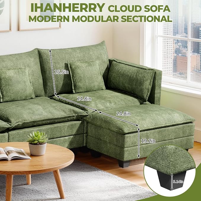 LEVELEVE 112.5" L-Shape Modular Sofa with 1 Ottomans, Deep Seat Cloud Convertible Sleeper, 3 Throw 2 Arm Pillows, Comfortable Upholstered Furniture for Living Room Apartment, Green
