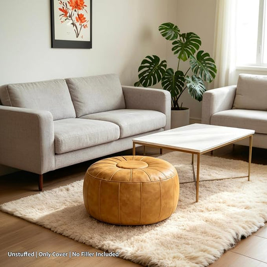 Thgonwid Unstuffed Moroccan Storage Pouf Foot Stool Ottoman Seat Handmade Faux Leather Bean Bag Floor Chair Foot Rest for Living Room, Bedroom or Balcony (Yellow)