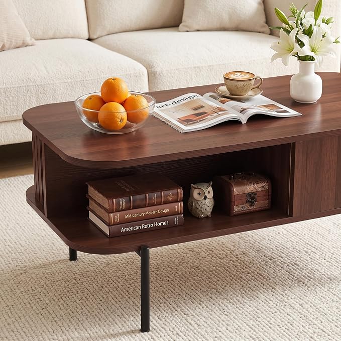 VECELO Coffee Table,40" Mid Century Coffee Tables with Open Storage Shelf,Fluted Table with Sliding Tambour Door,Farmhouse Wooden Tables Center Table for Living Room,Home Office,Walnut Brown