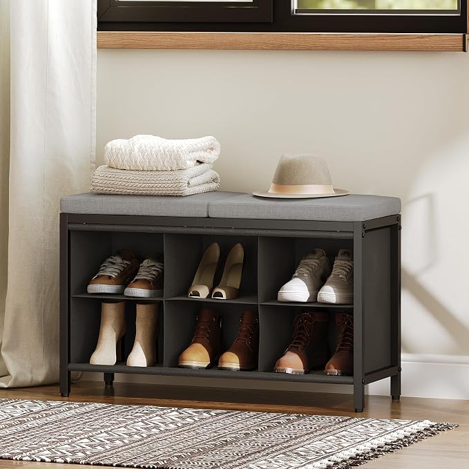 YATINEY Shoe Storage Bench with Cushion, Entryway Bench, Shoe Rack with Padded Seat and 6 Oxford Compartments, for Closet, Bedroom, Entryway, Black and Gray HX01BK