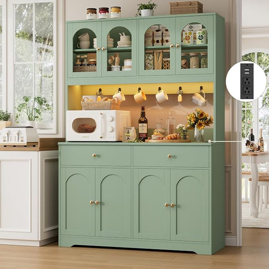 HIFIT 71" LED Kitchen Pantry Cabinet with Power Outlet, Large Kitchen Hutch Cabinet with 2 Storage Drawers & Arched Door, Countertop & Hooks, Tall China Bar for Dining Living Room (Green)