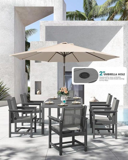 SERWALL HDPE Outdoor Dining Set for 8 with Textilene Chairs, Grey | 60" - 83" Aluminum Expandable Patio Dining Table and Breathable Textilene Chairs, All Weather HDPE Patio Furniture Set