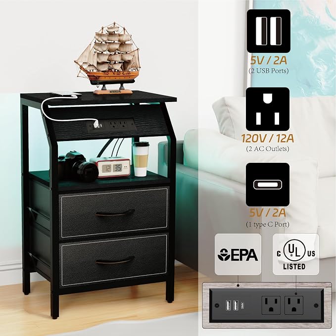 SZLHANJZ End Table with Light, LED Nightstand with 2 Drawers and Type C Charging Station, Small Fabric Night Stand for Bedside, Storage Side Table for Living Room, Dorm, Black