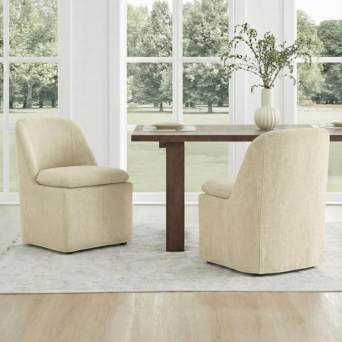 KISLOT Upholstered Dining Chairs Set of 4 with Casters, Modern Side Armless Deskchair with Washable Slipcover & Sturdy Metal Frame for Diningroom Bedroom Livingroom Reading Room, Sand Fabric