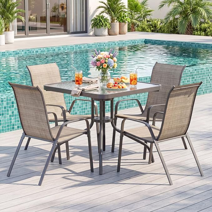 TLSUNNY Patio Dining Set 5 Pieces, All Weather Outdoor Furniture W/30"X 30" Table and 4 Stackable Textilene Chairs, Metal Table and Chairs for Lawn, Garden, Poolside, Backyard (Umbrella not Included)