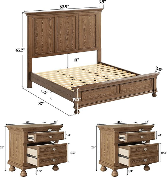 AMERLIFE Solid Wood 3 Piece Bedroom Set Including 65.2" High King Bed Frame, Fully Assembled Nightstands Set of 2 with 2 Storage Drawers for Bedroom, Light Brown