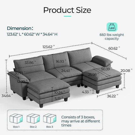 LINSY HOME 123'' Modular Sectional Sofa 3 Seat Couch Corduroy Cloud Couch with Deep Seat, Modern Cloud Couch with 2 Movable Ottoman for Living Room, Office, Bedroom, Grey